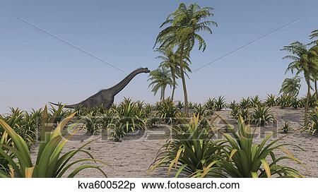 Stock Illustration - Large Brachiosaurus roaming a prehistoric environment.. Fotosearch