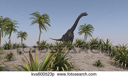 Stock Illustration - Large Brachiosaurus roaming a prehistoric environment.. Fotosearch