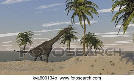 Stock Illustration - Large Brachiosaurus roaming an tropical climate landscape.. Fotosearch