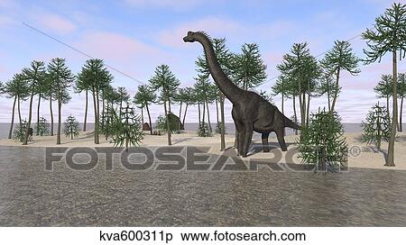 Large Brachiosaurus standing at the water's edge. View Large Illustration Stock Illustration - Large Brachiosaurus standing at the water's edge.. Fotosearch