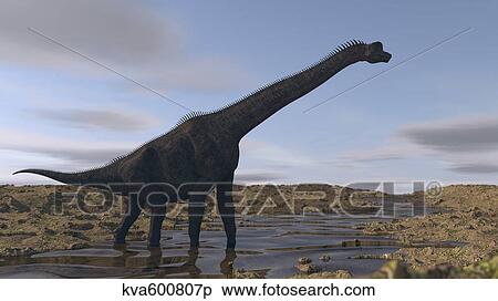 Stock Illustration - Large Brachiosaurus walking along a dry riverbed.. Fotosearch