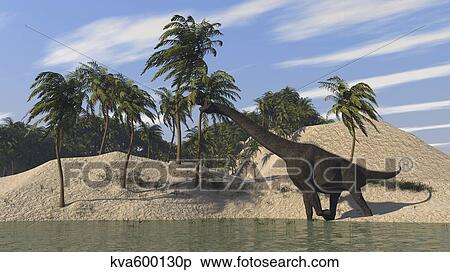 Large Brachiosaurus walking along the water's edge. View Large Illustration Stock Illustration - Large Brachiosaurus walking along the water's edge.. Fotosearch