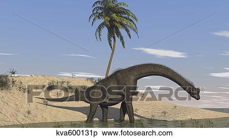 Large Brachiosaurus walking along the water's edge. View Large Illustration Stock Illustration - Large Brachiosaurus walking along the water's edge.. Fotosearch