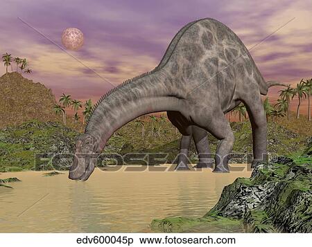 Large Dicraeosaurus dinosaur drinking water. View Large Illustration Stock Illustration - Large Dicraeosaurus dinosaur drinking water.. Fotosearch