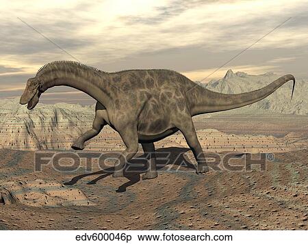 Large Dicraeosaurus dinosaur walking on rocky terrain. View Large Illustration Stock Illustration - Large Dicraeosaurus dinosaur walking on rocky terrain.. Fotosearch