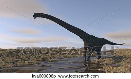 Stock Illustration - Large Mamenchisaurus walking along a dry riverbed.. Fotosearch