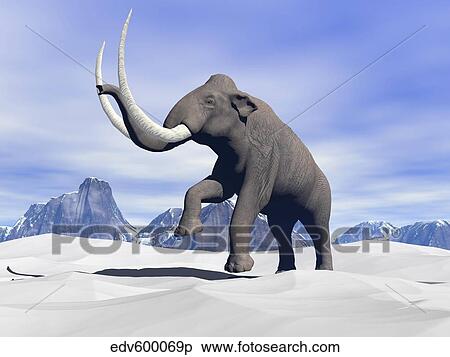 Stock Illustration - Large mammoth walking slowly on the snowy mountain.. Fotosearch