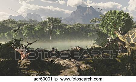 Stock Illustration - Late Jurassic East Africa with a host of different animals and plants.. Fotosearch