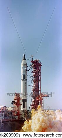 Stock Photograph - Launch view of the Gemini-Titan 3 mission, Cape Canaveral, Florida.. Fotosearch