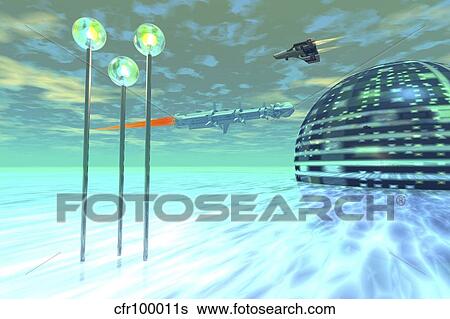 Life under domes on an alien waterworld. View Large Illustration Stock Illustration - Life under domes on an alien waterworld.. Fotosearch