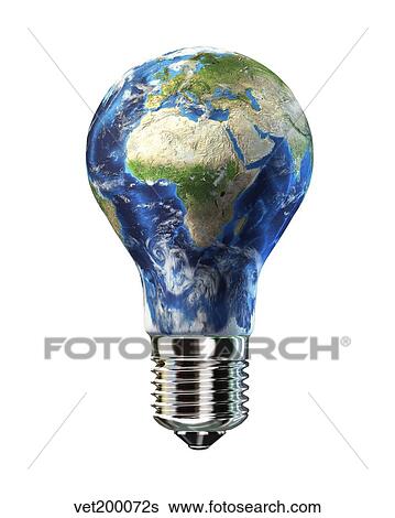 Stock Illustration - Light bulb with planet Earth inside glass, Africa and Europe view.. Fotosearch