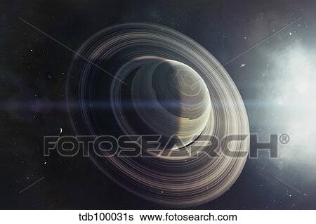 Light from a nearby star illuminates a massive ringed gas giant. View Large Illustration Stock Illustration - Light from a nearby star illuminates a massive ringed gas giant.. Fotosearch