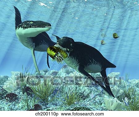 Stock Illustration - Liopleurodon eating an ammonite.. Fotosearch