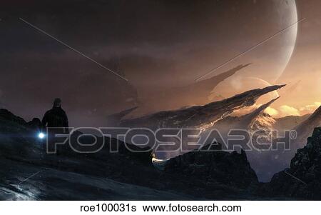 Stock Illustration - Lonely wanderer lost in the cold and icy mountains of an alien planet.. Fotosearch