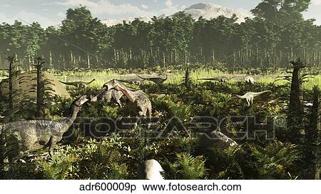 Stock Illustration - Lurdusaurus and Nigersaurus dinosaurs grazing a prehistoric forest.. Fotosearch