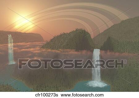 Stock Illustration - Lush tropical jungle, river systems and waterfalls on an alien planet.. Fotosearch