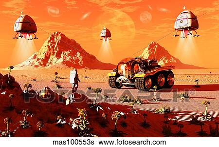 Machines arriving on an alien world which is about to be colonized. View Large Illustration Stock Illustration - Machines arriving on an alien world which is about to be colonized.. Fotosearch