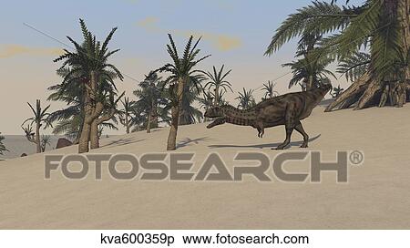 Stock Illustration - Majungasaurus roaming a prehistoric landscape.. Fotosearch
