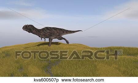 Stock Illustration - Majungasaurus running across a grassy field.. Fotosearch