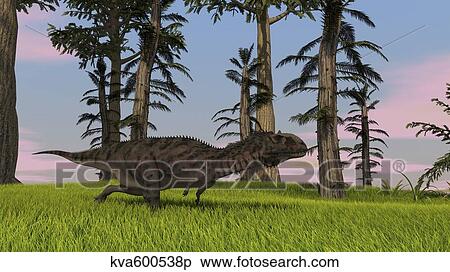 Stock Illustration - Majungasaurus running across a grassy field.. Fotosearch