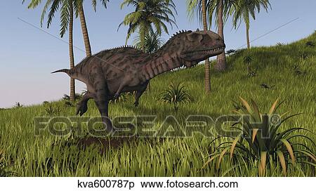 Stock Illustration - Majungasaurus running across a grassy field.. Fotosearch