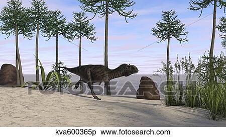 Majungasaurus running along the shore. View Large Illustration Stock Illustration - Majungasaurus running along the shore.. Fotosearch