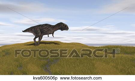 Stock Illustration - Majungasaurus walking across a grassy field.. Fotosearch