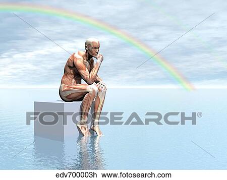 Drawing - Male musculature sitting on a cube, thinking under a rainbow.. Fotosearch