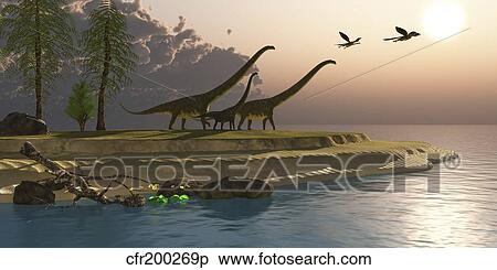 Stock Illustration - Mamenchisaurus dinosaurs walk to a lake for a morning drink.. Fotosearch