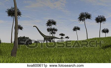 Stock Illustration - Mamenchisaurus walking across a grassy field.. Fotosearch