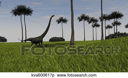 Stock Illustration - Mamenchisaurus walking across a grassy field.. Fotosearch