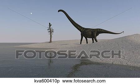 Stock Illustration - Mamenchisaurus walking along the shoreline.. Fotosearch