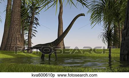 Stock Illustration - Mamenchisaurus walking through swampy water.. Fotosearch