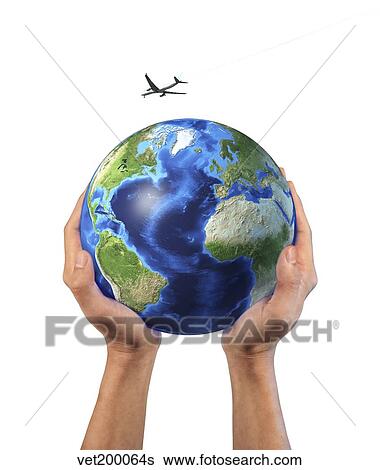 Stock Illustration - Man's hands holding the planet Earth, with a jet aircraft flying above.. Fotosearch