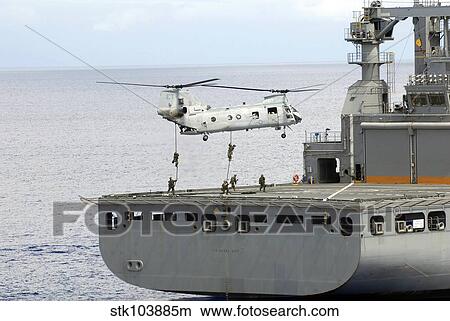 Picture - Marines fast rope from a CH-46 Sea Knight helicopter onto the flight deck of USNS Alan Shepard.. Fotosearch