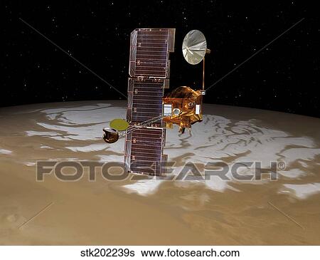 Stock Illustration - Mars Odyssey spacecraft passes above Mars' south pole.. Fotosearch