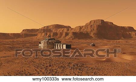 Mars outpost near mesa. View Large Illustration Stock Illustration - Mars outpost near mesa.. Fotosearch
