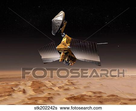 Mars Reconnaissance Orbiter passes above planet Mars. View Large Illustration Stock Illustration - Mars Reconnaissance Orbiter passes above planet Mars.. Fotosearch