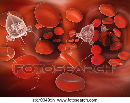 Drawing - Medical nanobots in the bloodstream with red blood cells.. Fotosearch