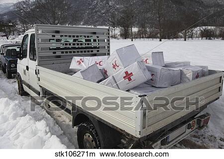 Medical supplies from the Montenegrin Red Cross sit piled in a truck. View Large Photo Image Picture - Medical supplies from the Montenegrin Red Cross sit piled in a truck.. Fotosearch