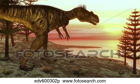Stock Illustration - Megalosaurus dinosaur walking toward the ocean at sunset.. Fotosearch