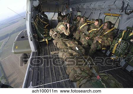 Picture - Members of the Pathfinder Platoon in a Merlin helicopter during a training exercise.. Fotosearch