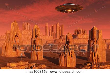 Stock Illustration - Members of the planets advanced civilization leaving Mars.. Fotosearch