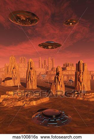 Members of the planets advanced civilization leaving Mars. View Large Illustration Stock Illustration - Members of the planets advanced civilization leaving Mars.. Fotosearch