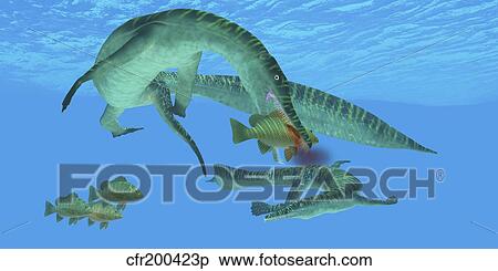 Stock Illustration - Mesosaurus attacks a Mangrove red snapper fish.. Fotosearch