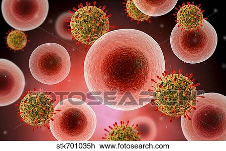 Drawing - Microscopic view of cell and virus.. Fotosearch