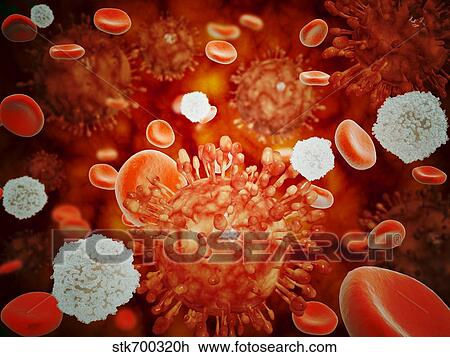 Drawing - Microscopic view of H5N1 virus with red blood cells and white blood cells.. Fotosearch