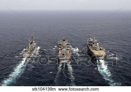 Military ships conduct an underway replenishment in the Pacific Ocean. View Large Photo Image Picture - Military ships conduct an underway replenishment in the Pacific Ocean.. Fotosearch