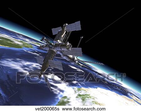 Stock Illustration - Mir Russian Space Station in orbit over Earth.. Fotosearch