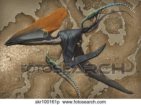 Stock Illustration - Mirischia scavengers pick away at the body of a dead Thalassodromeus sethi.. Fotosearch